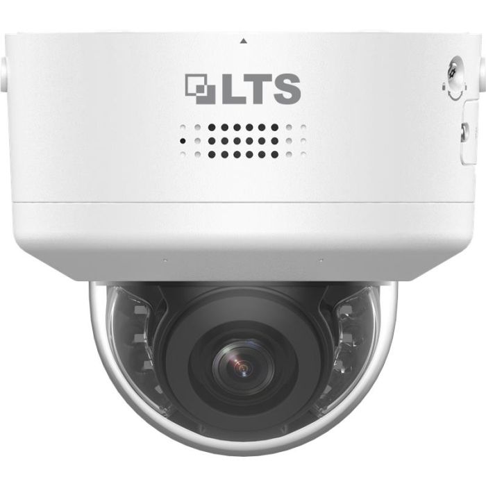 Front-facing view of LTS CMIP7C43WI‑SDLQ 4 MP motorized vari-focal dome camera with strobe and two-way audio