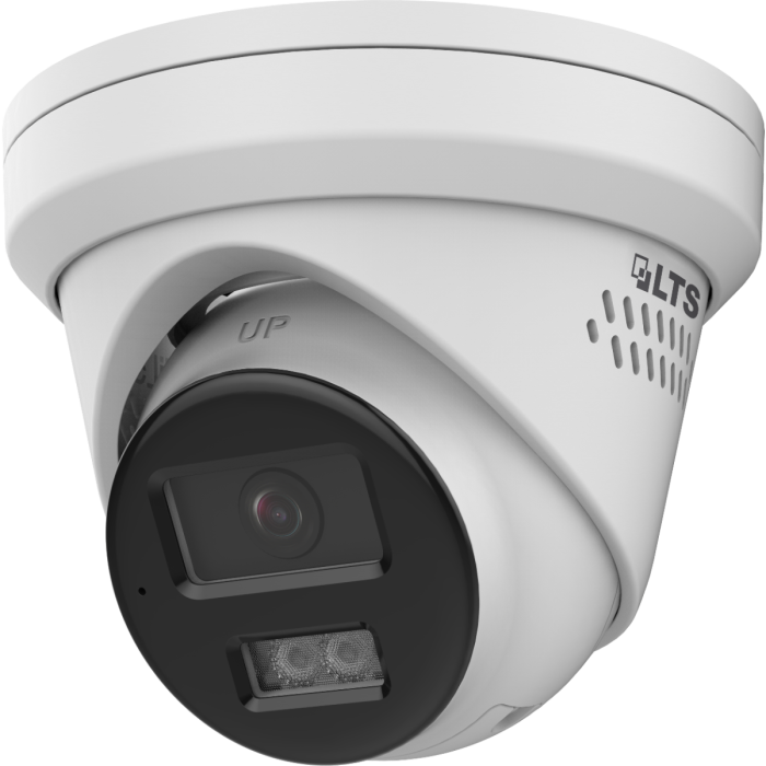 Front view of LTS CMHT1722‑28LS 2 MP Turret TVI Camera with mic and strobe light