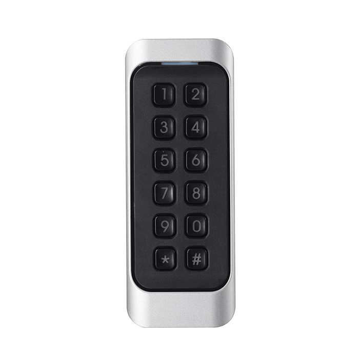 LTS LTK1107MK MIFARE Wiegand card reader with keypad, IP65‑rated housing, mounted on wall