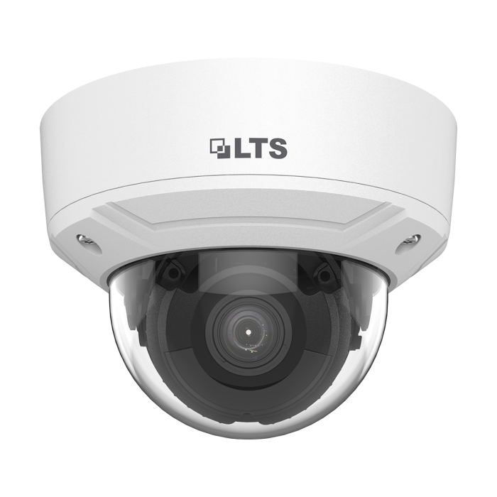 Front view of LTS CMIP7243W‑SDZ 4 MP motorized varifocal dome camera with IR LEDs
