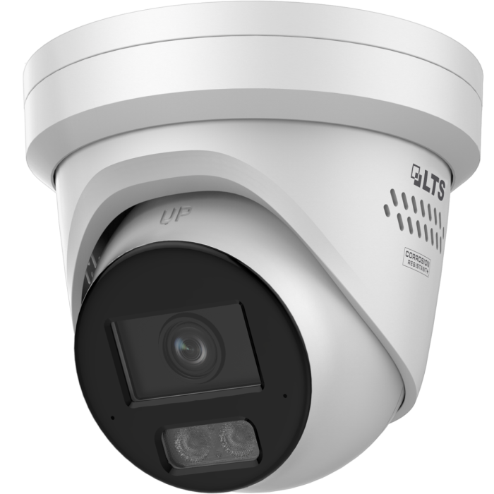 Front-facing view of LTS CMIP3CD42WI‑28LAISP 4 MP AI Color 24/7 turret camera with active deterrence