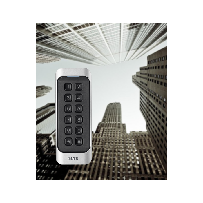 LTS LTK1107MK MIFARE Wiegand card reader with keypad, IP65‑rated housing, mounted on wall