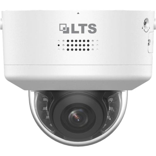 Front-facing view of LTS CMIP7C43WI‑SDLQ 4 MP motorized vari-focal dome camera with strobe and two-way audio