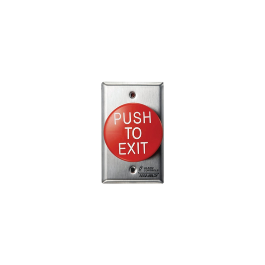 Stainless steel LTK‑TS‑60 pneumatic “Push to Exit” red mushroom button mounted on single‑gang wall plate