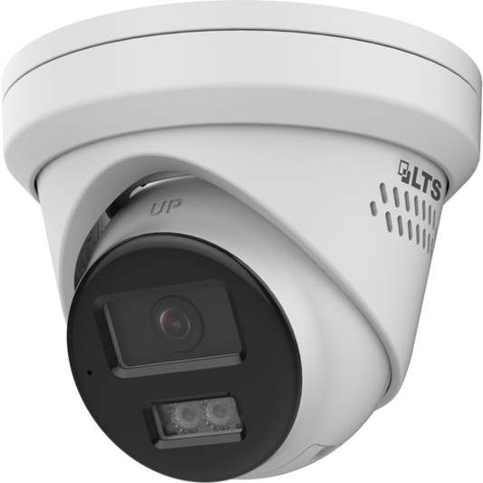 Front view of LTS CMHT1722‑28LS 2 MP Turret TVI Camera with mic and strobe light