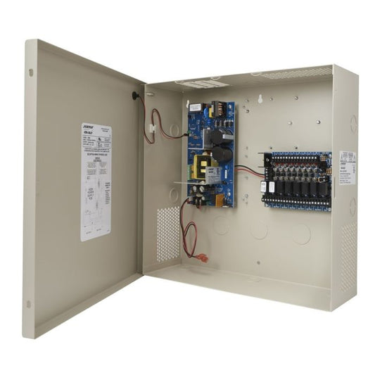 Securitron LTK‑AQS1216‑16F16R2 16 A 12 VDC power supply with 16 fused outputs and fire-alarm interface in locked enclosure