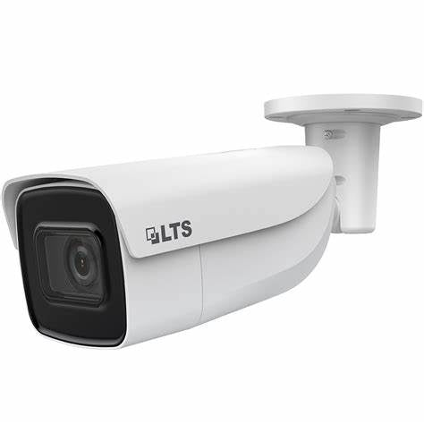 Front view of LTS CMIP9763W‑SDZ 6 MP motorized varifocal bullet camera with junction box