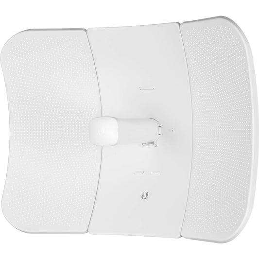 White Ubiquiti LTU‑LR 5 GHz long-range CPE with integrated 26 dBi antenna mounted on pole