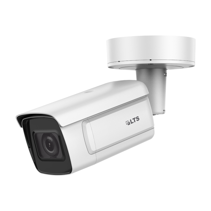 Front view of LTS CMIP9743W‑SZ 4 MP motorized varifocal bullet camera with IR LEDs