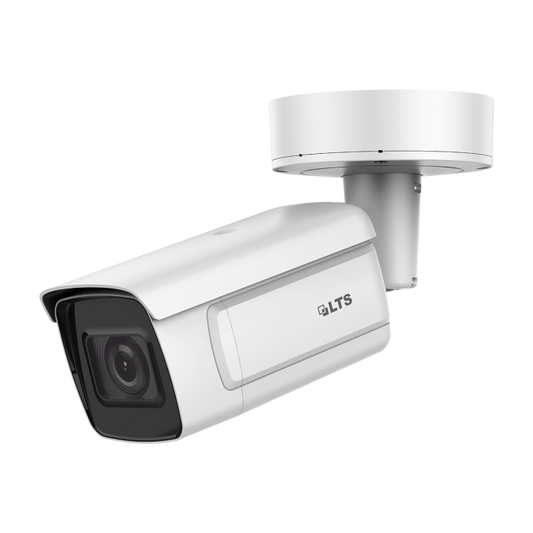 Front view of LTS CMIP9743W‑SZ 4 MP motorized varifocal bullet camera with IR LEDs