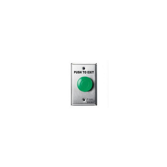 Green 1.5″ mushroom pneumatic exit button mounted on stainless steel wallplate