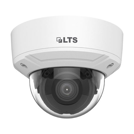 Front view of LTS CMIP7243W‑SDZ 4 MP motorized varifocal dome camera with IR LEDs