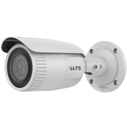 Front view of LTS CMIP8043W‑MDZ 4 MP motorized varifocal bullet camera with IR LEDs
