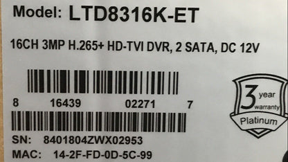 LTS 16CH DVR 1080p LTD8316K-ET 6TB H.265+ 16 Ch HD-TVI Hybrid 3 Year Warranty